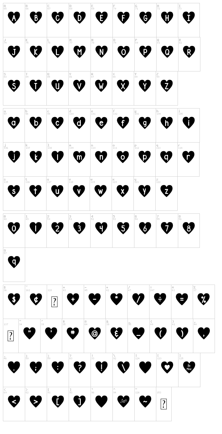 DJB Shape Up Hearts font map